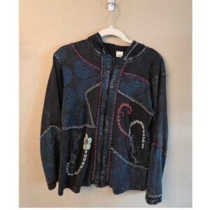 SARIKO Women's Embroidered 100% Cotton Full Zip Hoodie Boho Hippie SZ XL